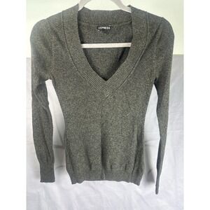 Express women's green ribbed‎ V-neck long sleeve fitted sweater top Size Small